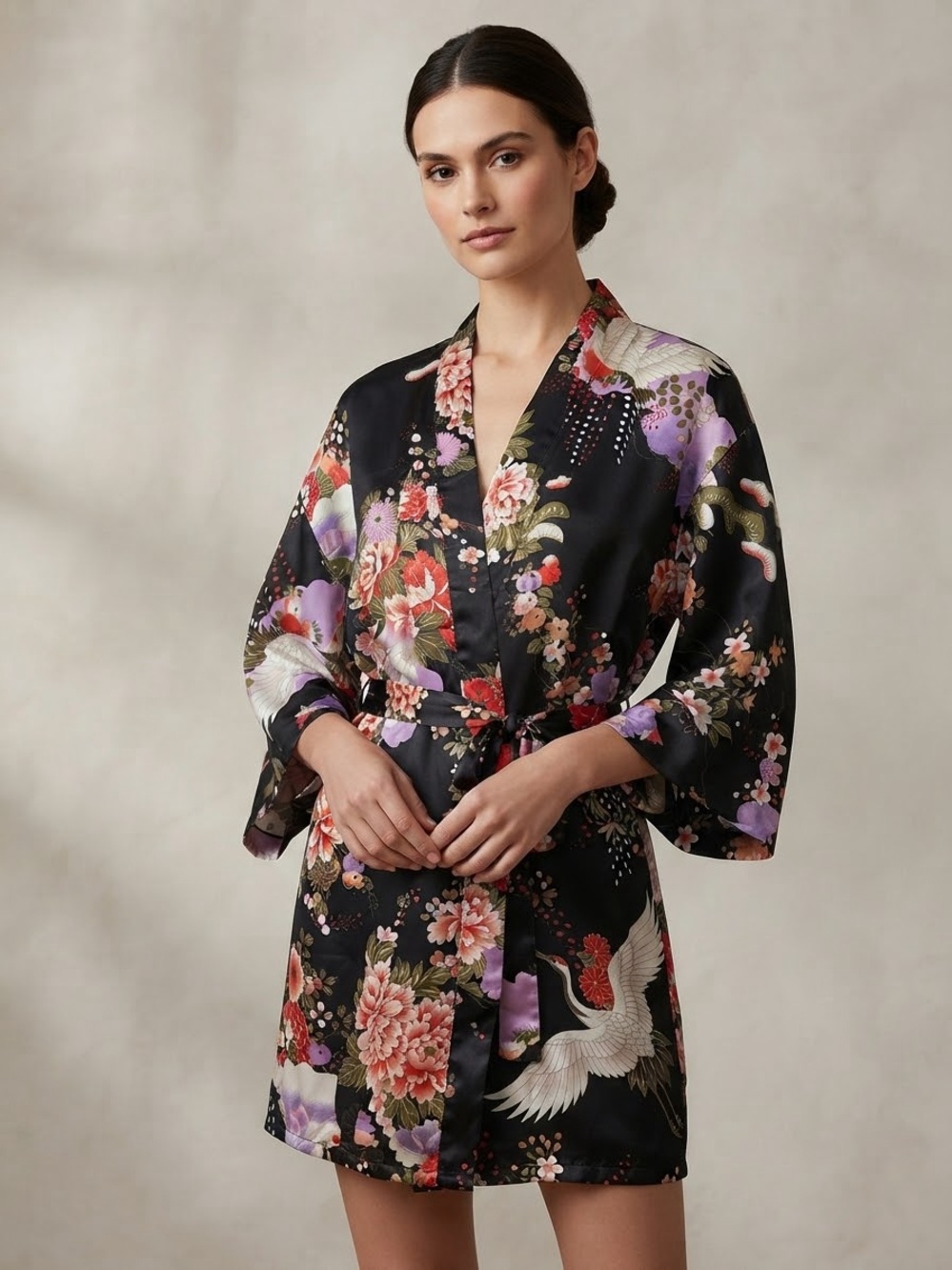 Satin Floral Crane Kimono Robe - Black